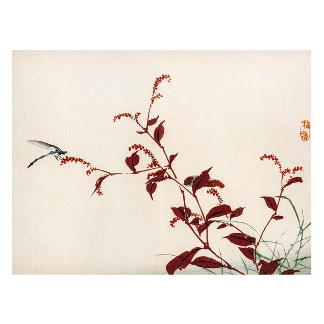 Magnettafel Büro Asiatische Vintage Zeichnung Roter Zweig mit Libelle