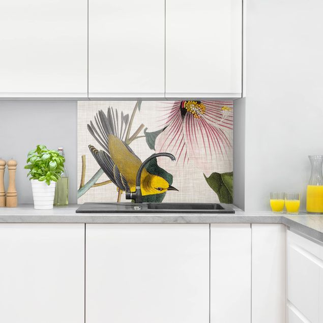 Küchenrückwand Glas Motiv Blumen Vogel auf Leinen Gelb I
