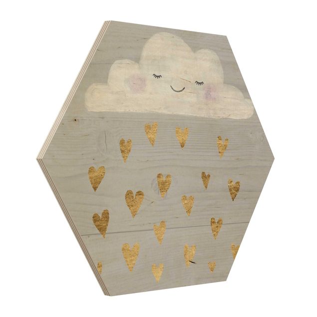 Hexagon Bild Holz - Wolke mit goldenen Herzen