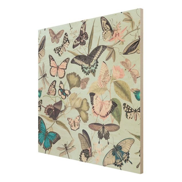 Holzbilder modern Vintage Collage - Schmetterlinge und Libellen