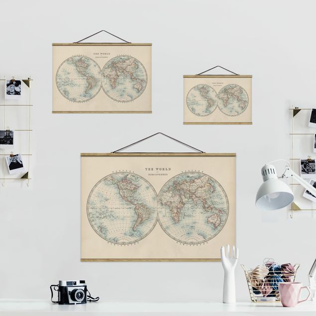 Stoffbild mit Posterleisten - Vintage Weltkarte Die zwei Hemispheren - Querformat 3:2