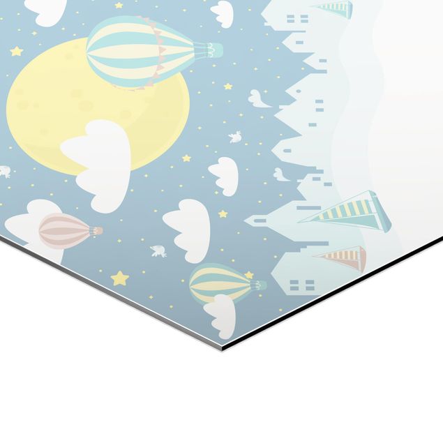 Hexagon Bild Alu-Dibond - Paris mit Sternen und Heißluftballon