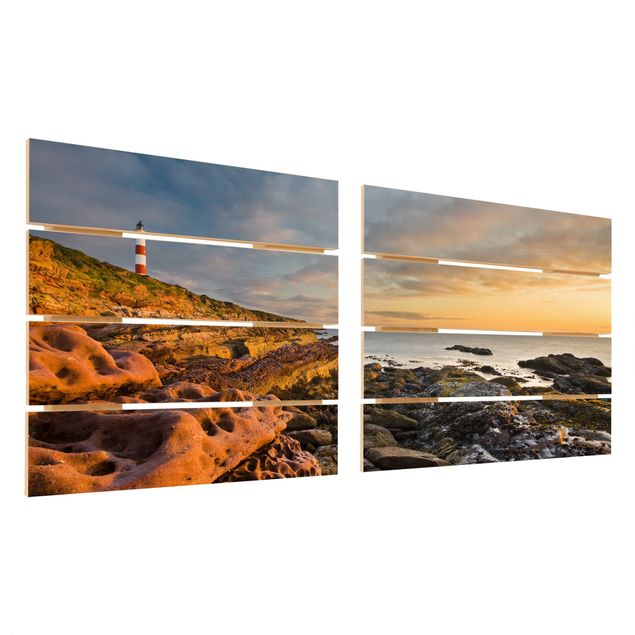 Holzbild 2-teilig - Tarbat Ness Meer & Leuchtturm bei Sonnenuntergang - Quadrate 1:1