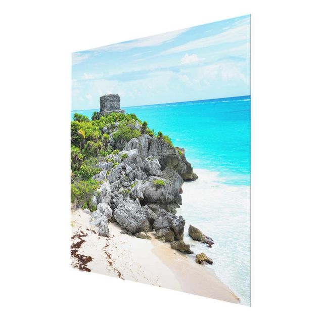 Glasbild Blumen Karibikküste Tulum Ruinen