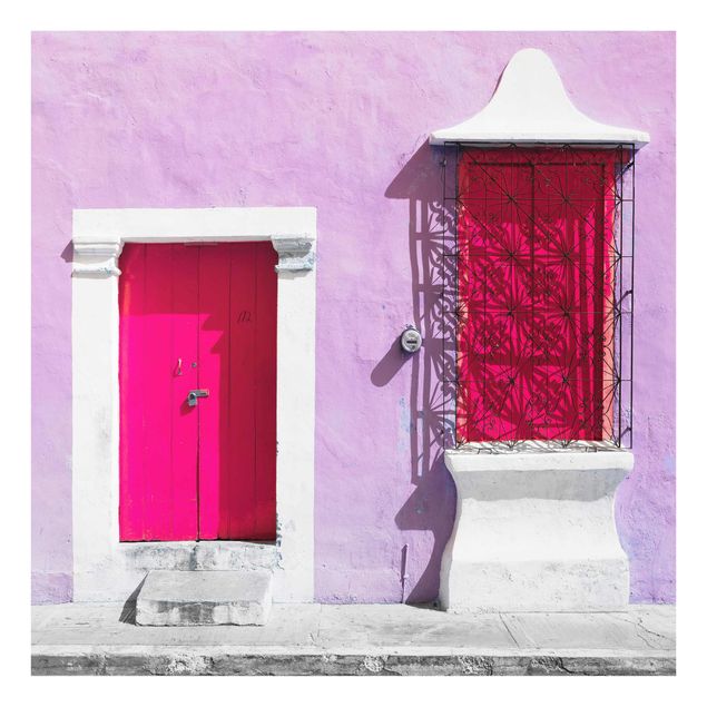 Glasbild Skyline Rosa Fassade Pinke Tür