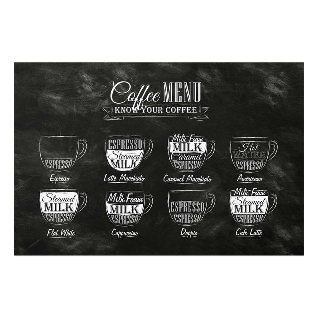 Glas Wandbilder Kaffeesorten Kreidetafel