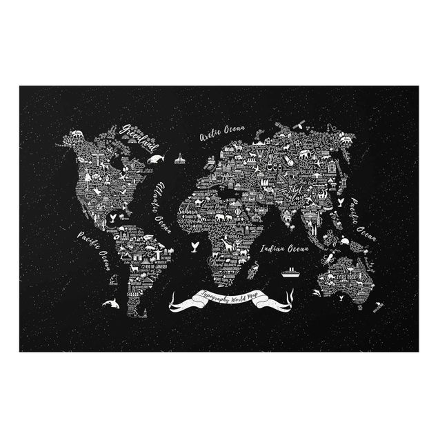 Glasbilder Typografie Weltkarte schwarz