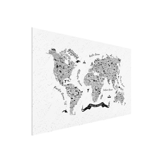 Glasbilder Tiere Typografie Weltkarte weiß
