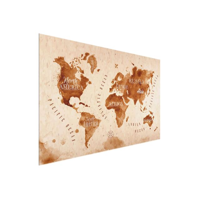 Glasbilder Weltkarte Weltkarte Aquarell beige braun