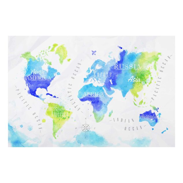Bilder für die Wand Weltkarte Aquarell blau grün
