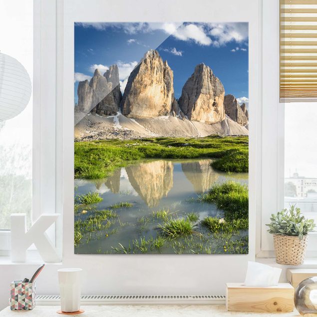 Glasbild Natur Südtiroler Zinnen und Wasserspiegelung