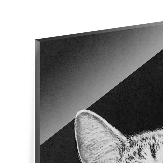 Glasbild - Illustration Katze Schwarz Weiß Zeichnung - Querformat 2:3