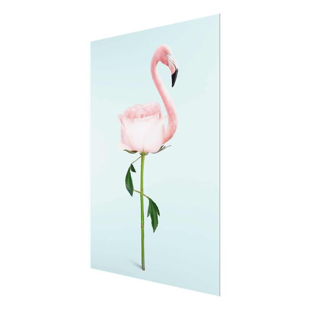 Glasbild Natur Flamingo mit Rose
