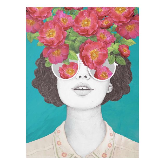 Glasbild - Illustration Portrait Frau Collage mit Blumen Brille - Hochformat 4:3