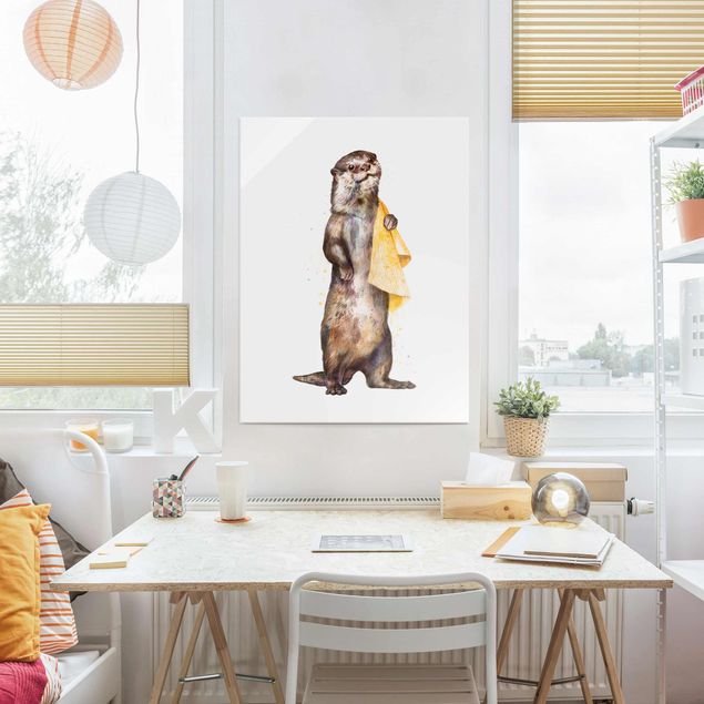 XXL Glasbilder Illustration Otter mit Handtuch Malerei Weiß
