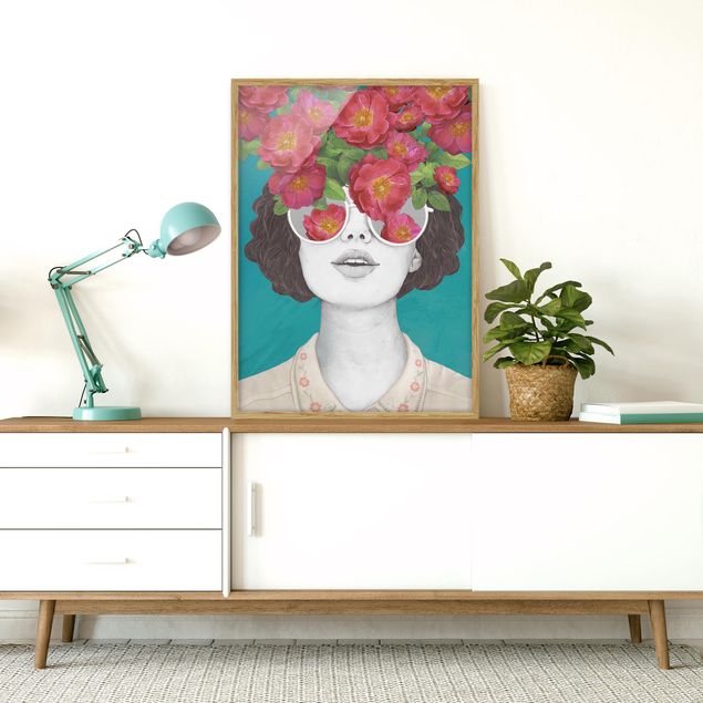 Bilder für die Wand Illustration Portrait Frau Collage mit Blumen Brille