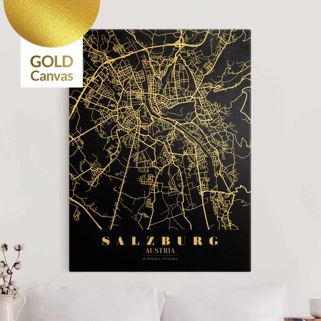Leinwandbild Gold - Stadtplan Salzburg - Klassik Schwarz - Hochformat 3:4