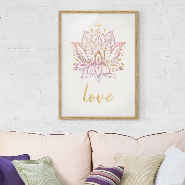 Gerahmte Bilder mit Sprüchen Lotus Illustration Love gold rosa