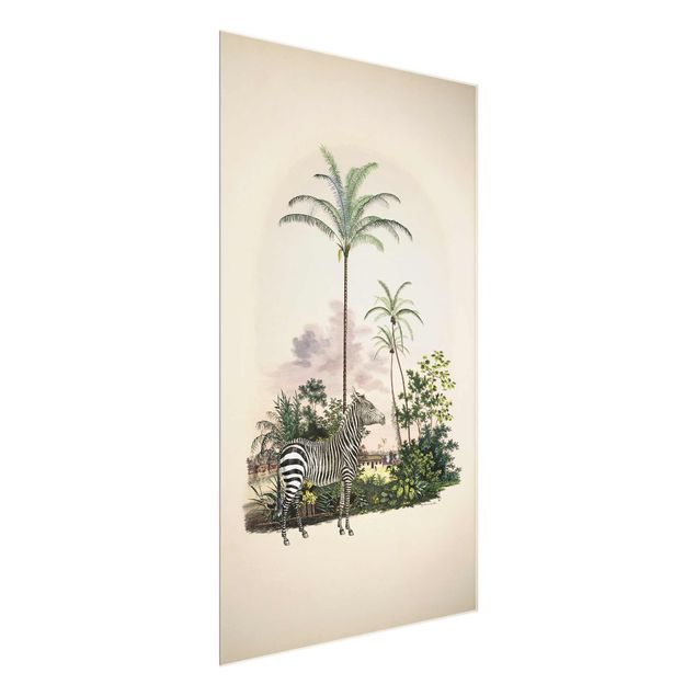 Glasbilder Landschaften Zebra vor Palmen Illustration