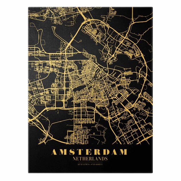 Leinwandbild Gold - Stadtplan Amsterdam - Klassik Schwarz - Hochformat 3:4