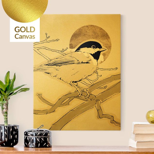 Leinwandbild Gold - Vogel vor goldener Sonne I - Hochformat 3:4
