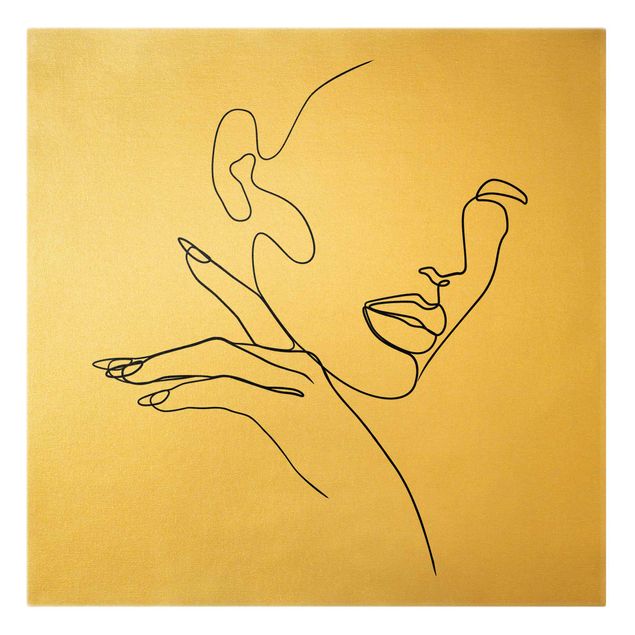 Leinwandbild Gold - Line Art Frau Portrait Schwarz Weiß - Quadrat 1:1