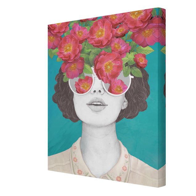 Schöne Leinwandbilder Illustration Portrait Frau Collage mit Blumen Brille