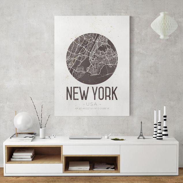 Leinwandbilder Schwarz-Weiß Stadtplan New York - Retro