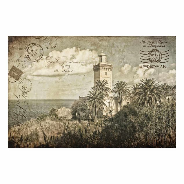 Glas Wandbilder Leuchtturm und Palmen - Vintage Postkarte