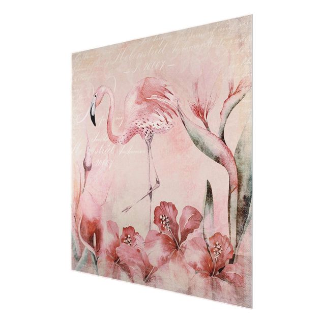 Glas Wandbilder Shabby Chic Collage - Flamingo