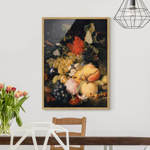 Kunstdruck Bilder mit Rahmen Jan van Huysum - Früchte Blumen und Insekten