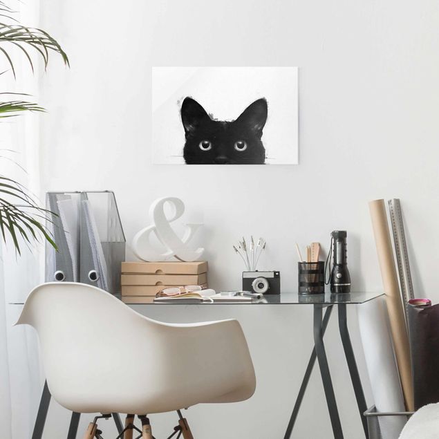 XXL Glasbilder Illustration Schwarze Katze auf Weiß Malerei