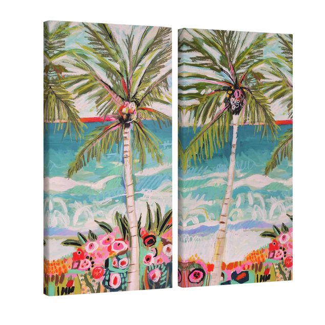 Wandbilder Wohnzimmer modern Palme mit pinken Blumen Set I