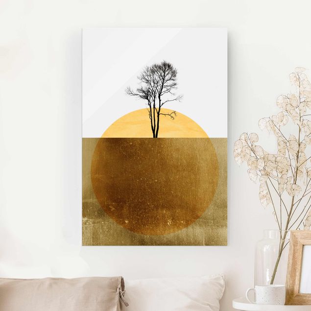 Glasbilder Sonnenuntergang Goldene Sonne mit Baum