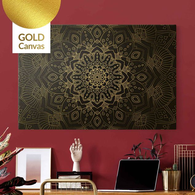 Leinwandbild Gold - Mandala Blüte Muster silber schwarz - Querformat 3:2