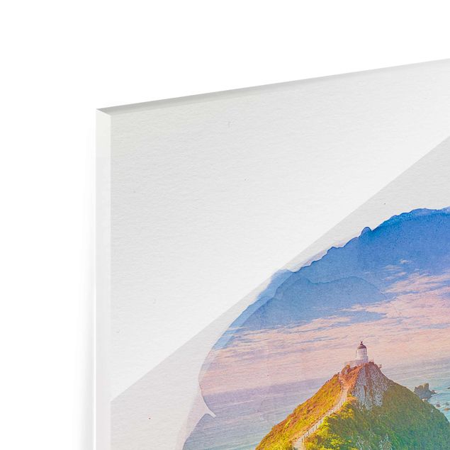 Schöne Wandbilder Wasserfarben - Nugget Point Leuchtturm und Meer Neuseeland