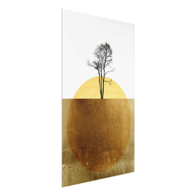 Glasbilder Landschaft Goldene Sonne mit Baum