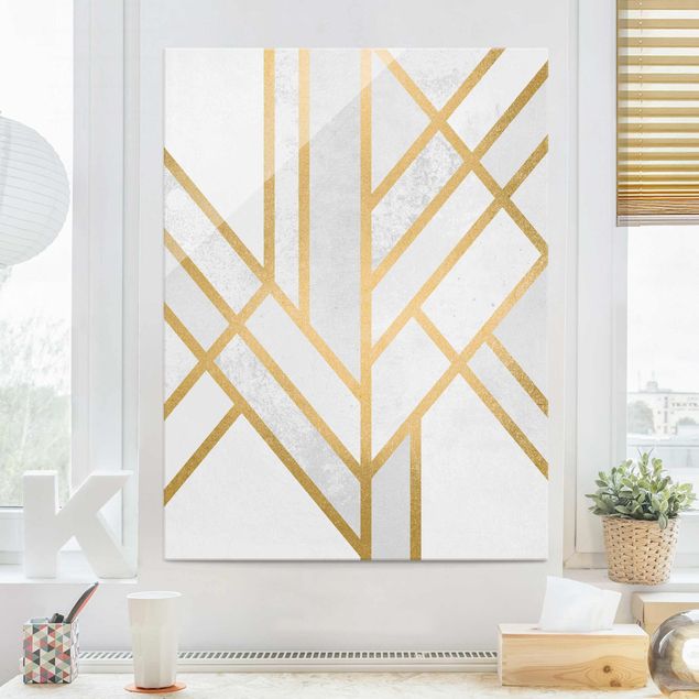 Glasbild - Art Deco Geometrie Weiß Gold - Hochformat 4:3