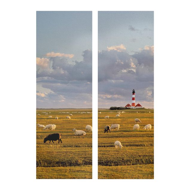 Tierbilder auf Leinwand Nordsee Leuchtturm mit Schafsherde