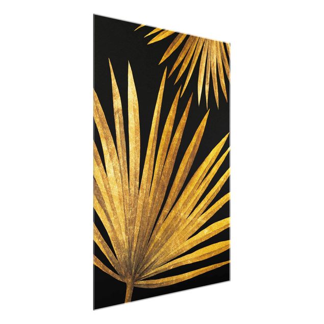 Glasbild Natur Gold - Palmenblatt auf Schwarz