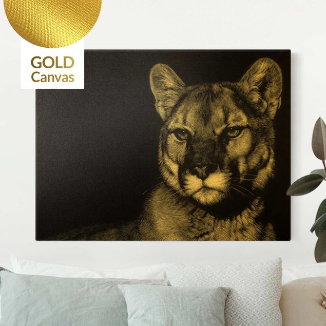 Leinwandbild Gold - Puma vor Schwarz - Querformat 4:3