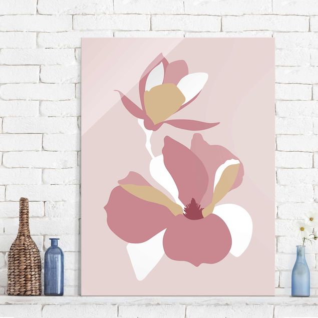 Glasbild - Line Art Blüten Pastell Rosa - Hochformat 4:3