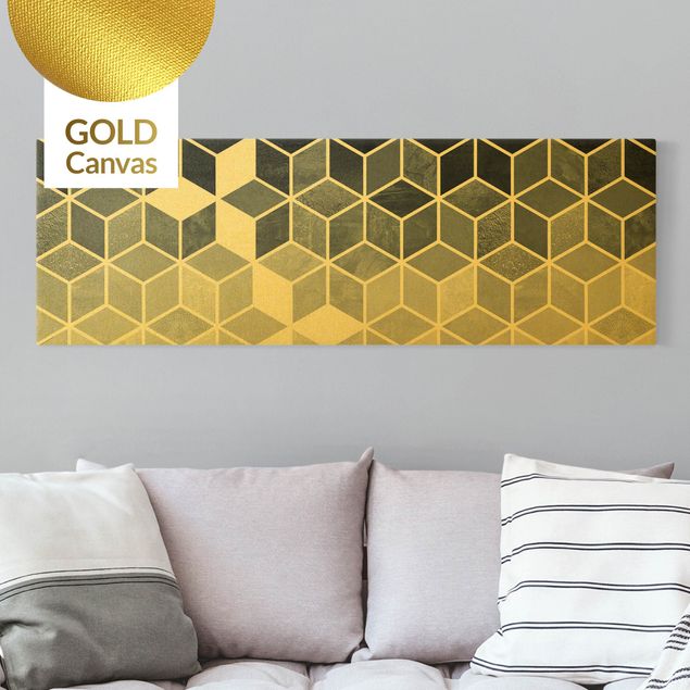 Leinwandbild Gold - Goldene Geometrie - Blau Weiß - Panorama 3:1