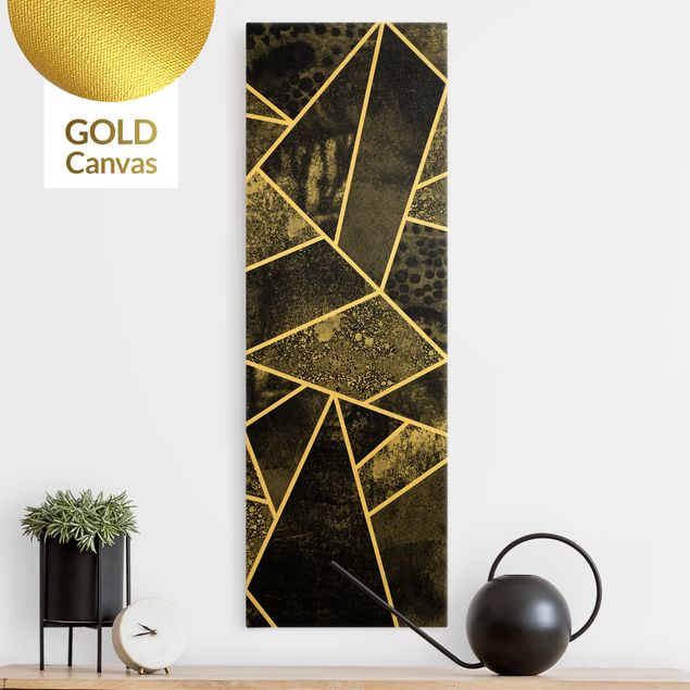 Leinwandbild Gold - Goldene Geometrie - Graue Dreiecke - Hochformat 1:3