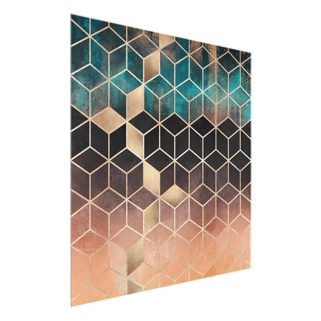 Glasbild - Türkis Rosé goldene Geometrie - Quadrat 1:1