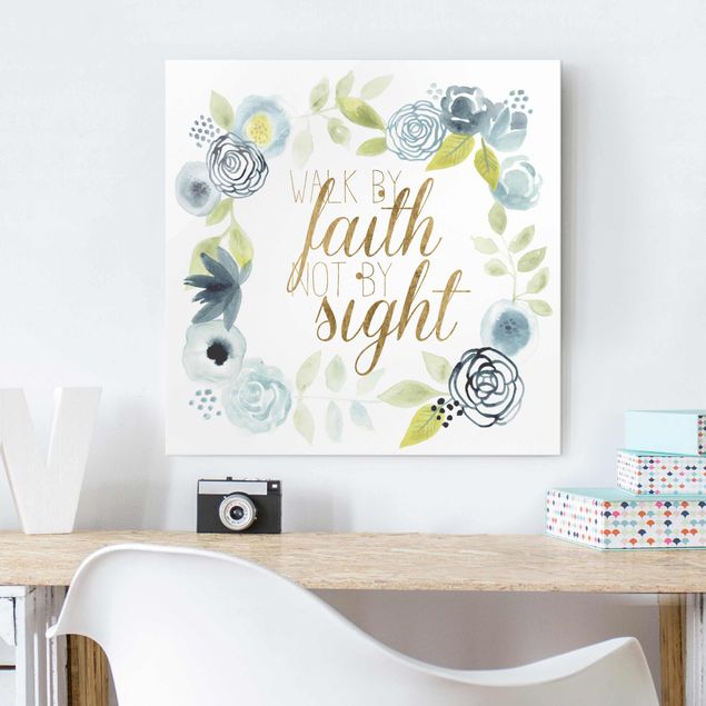 Glasbild Spruch Blumenkranz mit Spruch - Faith