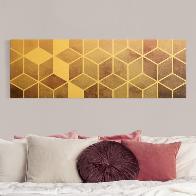 Leinwandbild Gold - Goldene Geometrie - Rosa Grau - Panorama 3:1