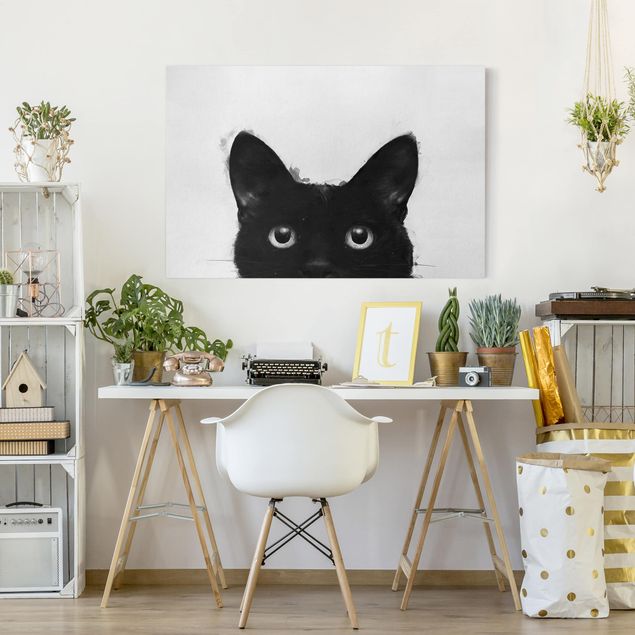 Leinwandbild - Illustration Schwarze Katze auf Weiß Malerei - Querformat 2:3