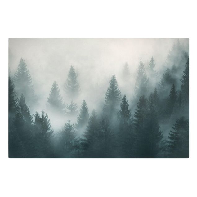 Leinwandbild - Nadelwald im Nebel - Querformat 2:3