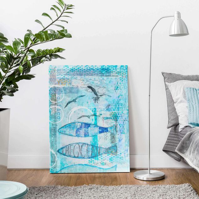 Wandbilder Glas XXL Bunte Collage - Blaue Fische